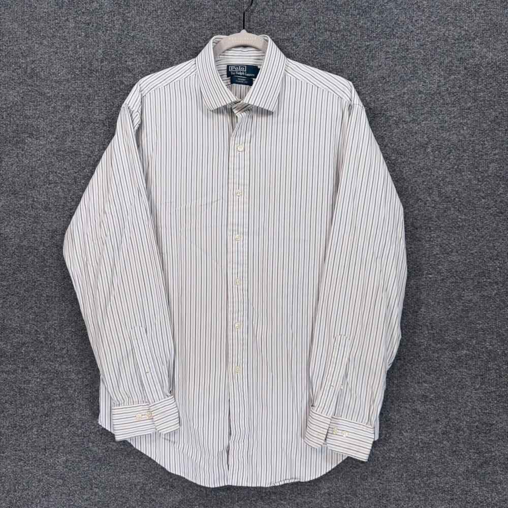 Polo Ralph Lauren Button Down Men 16.5 White Blue Pinstripe Regent Classic Fit
